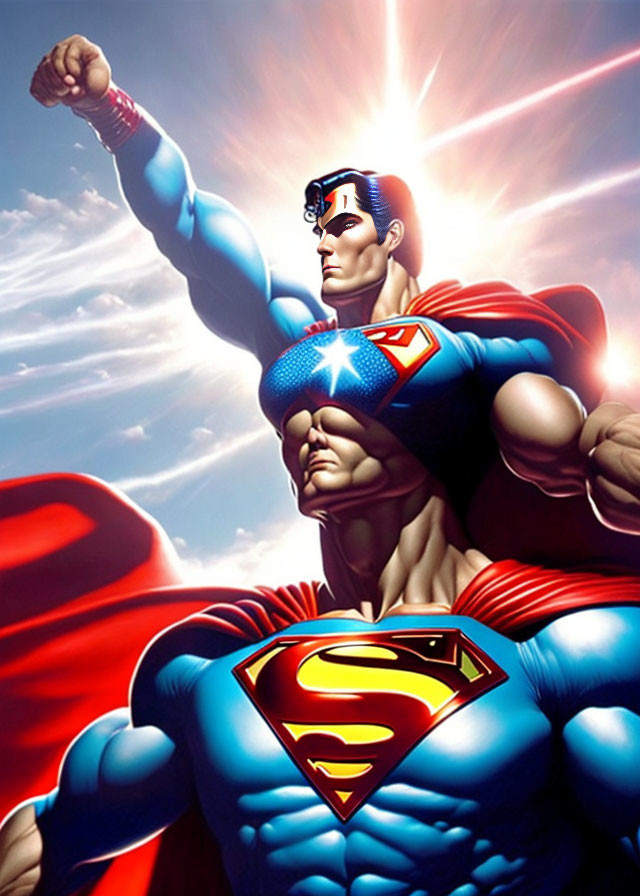 Superman illustration: Fist raised, billowing cape, symbolizing strength.