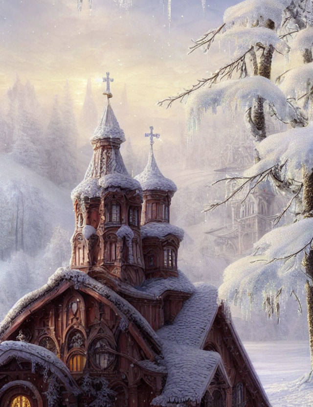 Winter scene: Wooden church in snowy forest with icicles and soft sunlight.