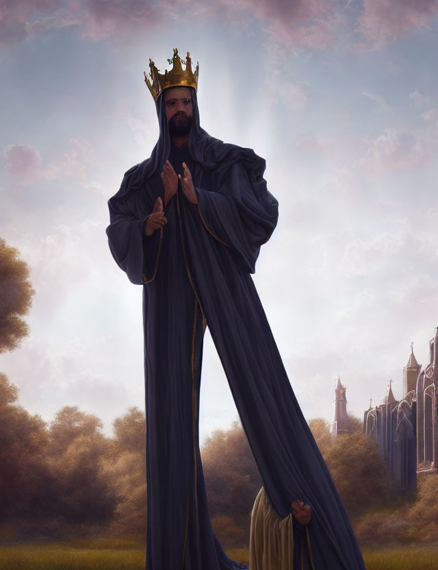 Regal Figure in Blue Cloak and Crown Against Cloudy Sky