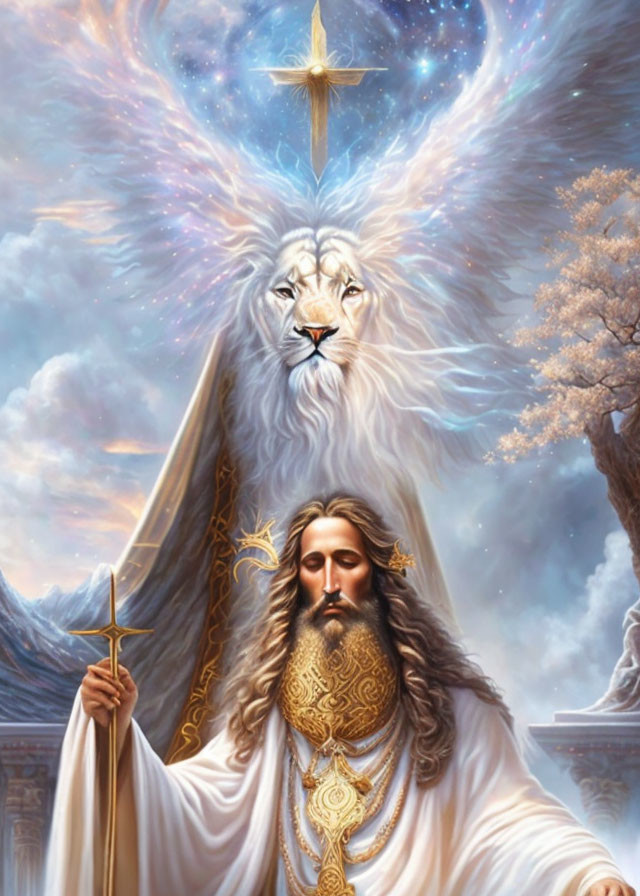 Bearded man with sword and white lion under cosmic sky