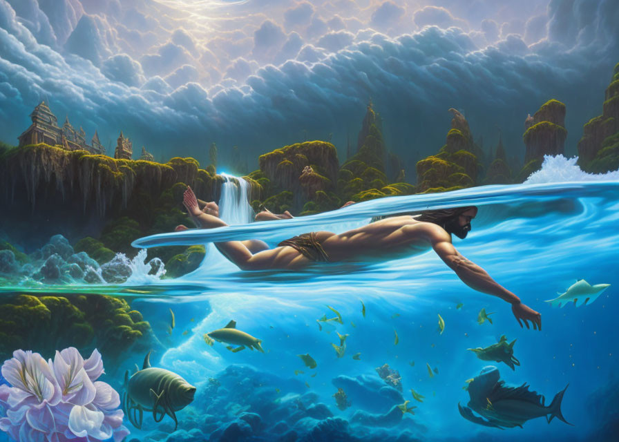 Man surfing above fish in mystical landscape with waterfalls and ancient structures