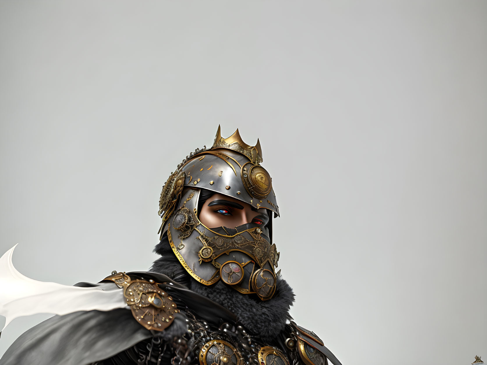 Regal figure in gold-decorated armor with billowing cape