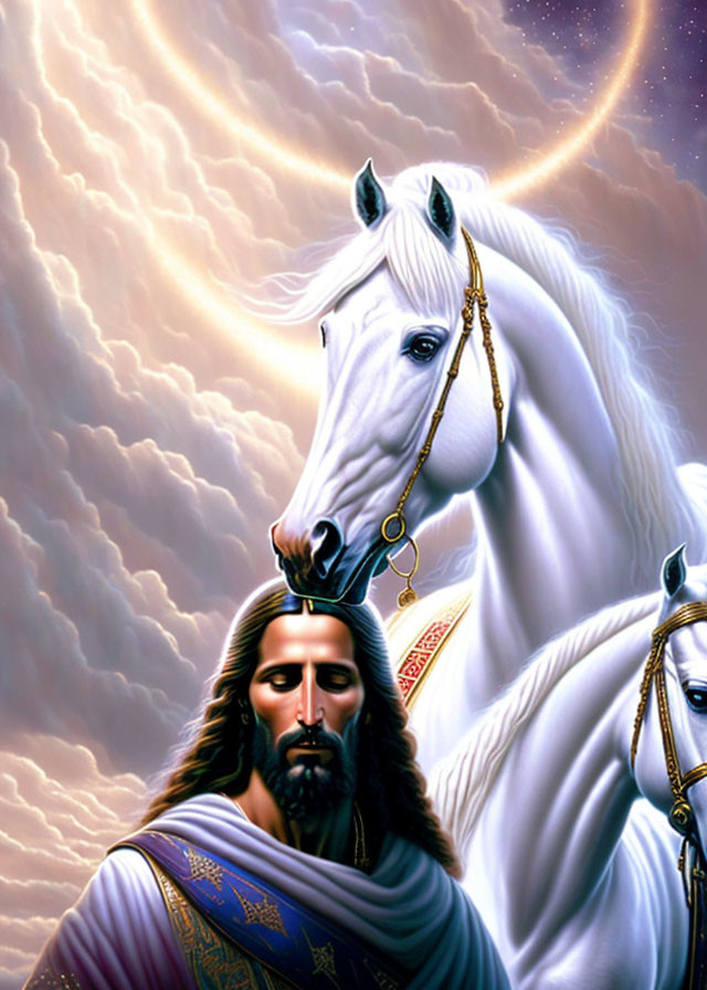 Serene man with white horse under halo in cloud backdrop