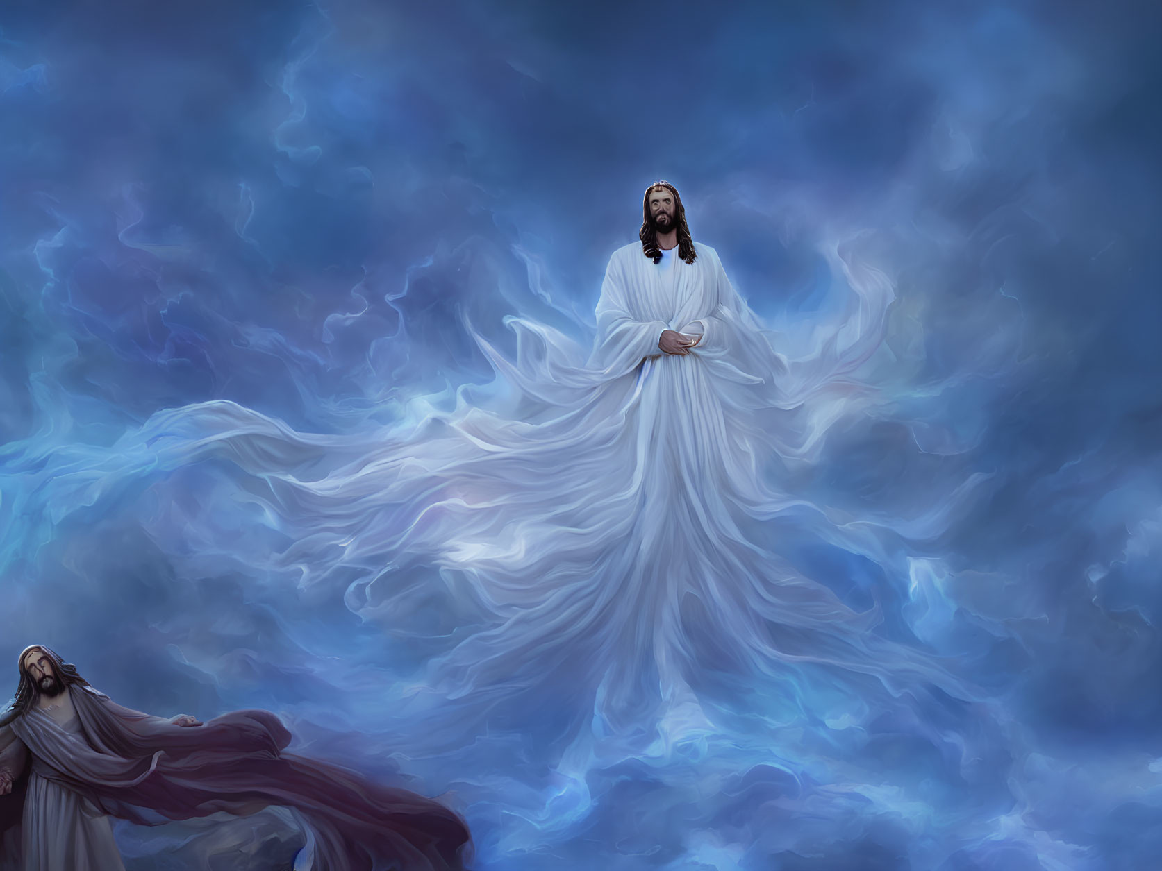 Ethereal image of two figures in flowing robes under stormy sky