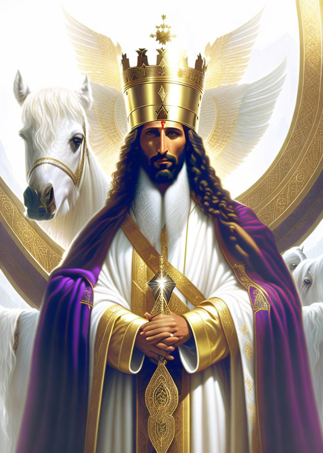 Regal figure with crown and purple robe, flanked by white horses and wings.