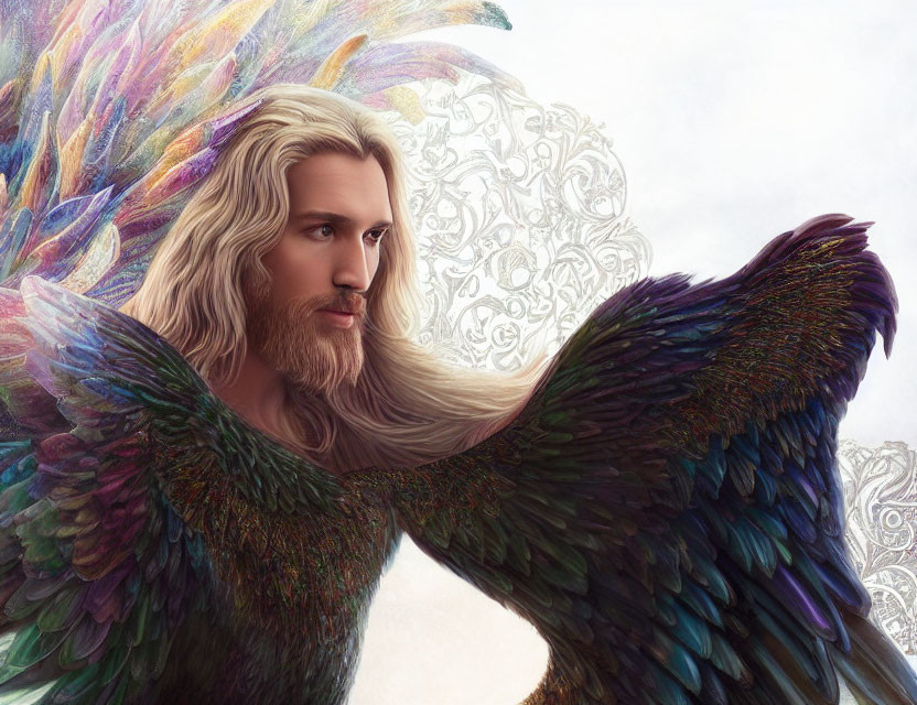 Illustration of person with long, wavy hair and multicolored feathered wings