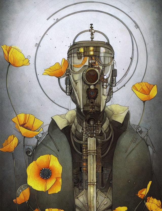 Robotic figure with gas mask surrounded by orange poppies on grey backdrop