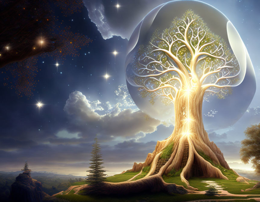 Glowing mystical tree under transparent dome on starry night sky hill