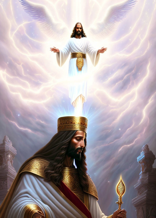 Christian-themed illustration: royal figure with scepter and haloed figure with outstretched arms