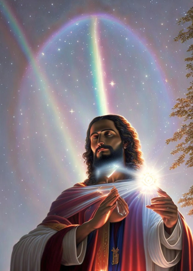 Serene figure with halo emitting light under starry sky and double rainbow