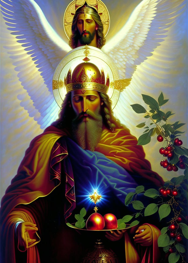 Majestic figure with halo and crown holding red orbs, accompanied by radiant angelic entity