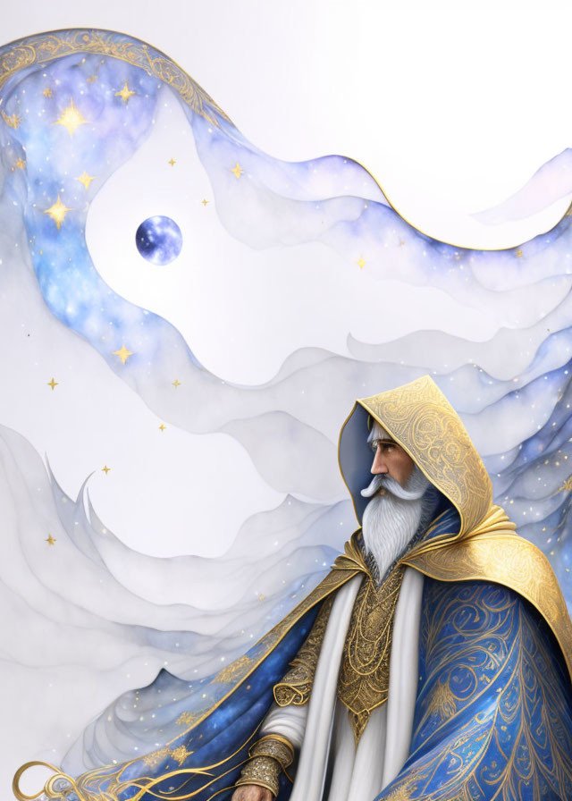 Illustration: Wise, bearded figure in opulent robes with celestial-themed cloak and floating blue orb