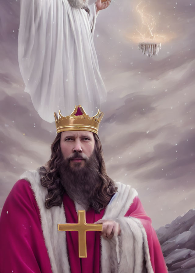 Bearded man in king costume with golden cross near ethereal figure in clouds