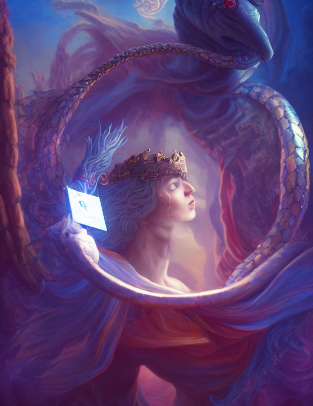 Queen adorned with ornate crown embraced by large serpent in dreamy purple setting