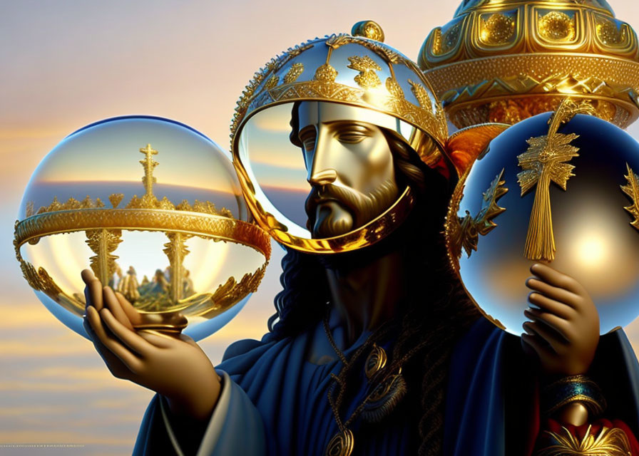 Crowned figure with golden orbs and Christian crosses against dusk sky