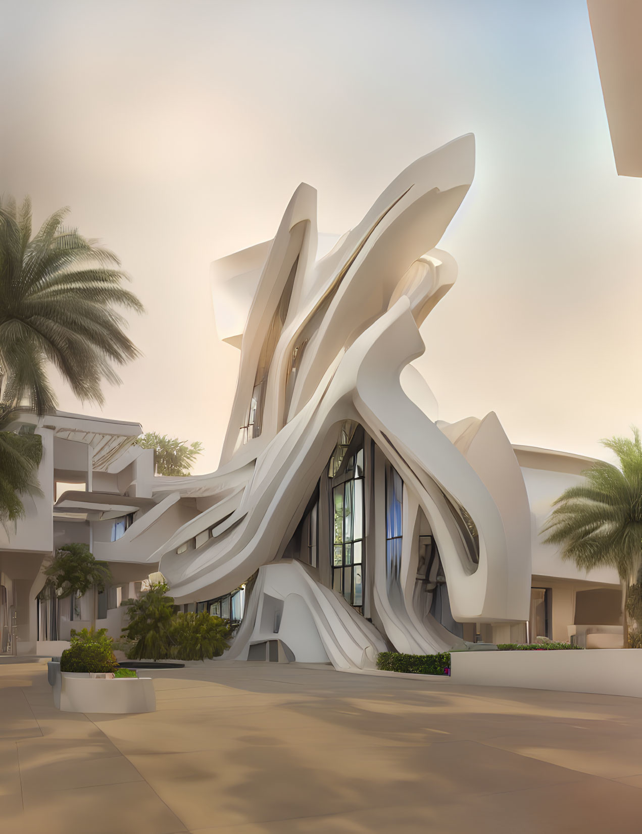 Dynamic white facade on modern building with palm trees in sunset.