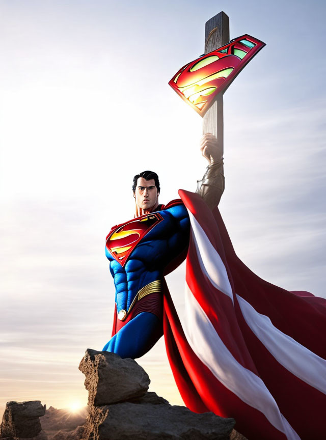 Superhero with cape and flagpole on rocky outcrop