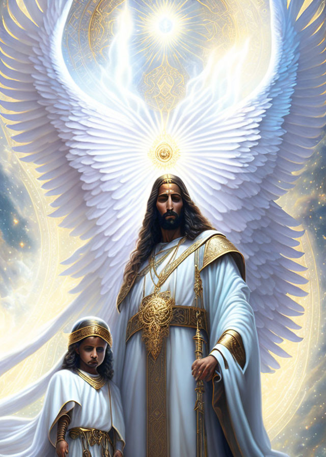 Majestic figure in white and gold robes with wings beside a child