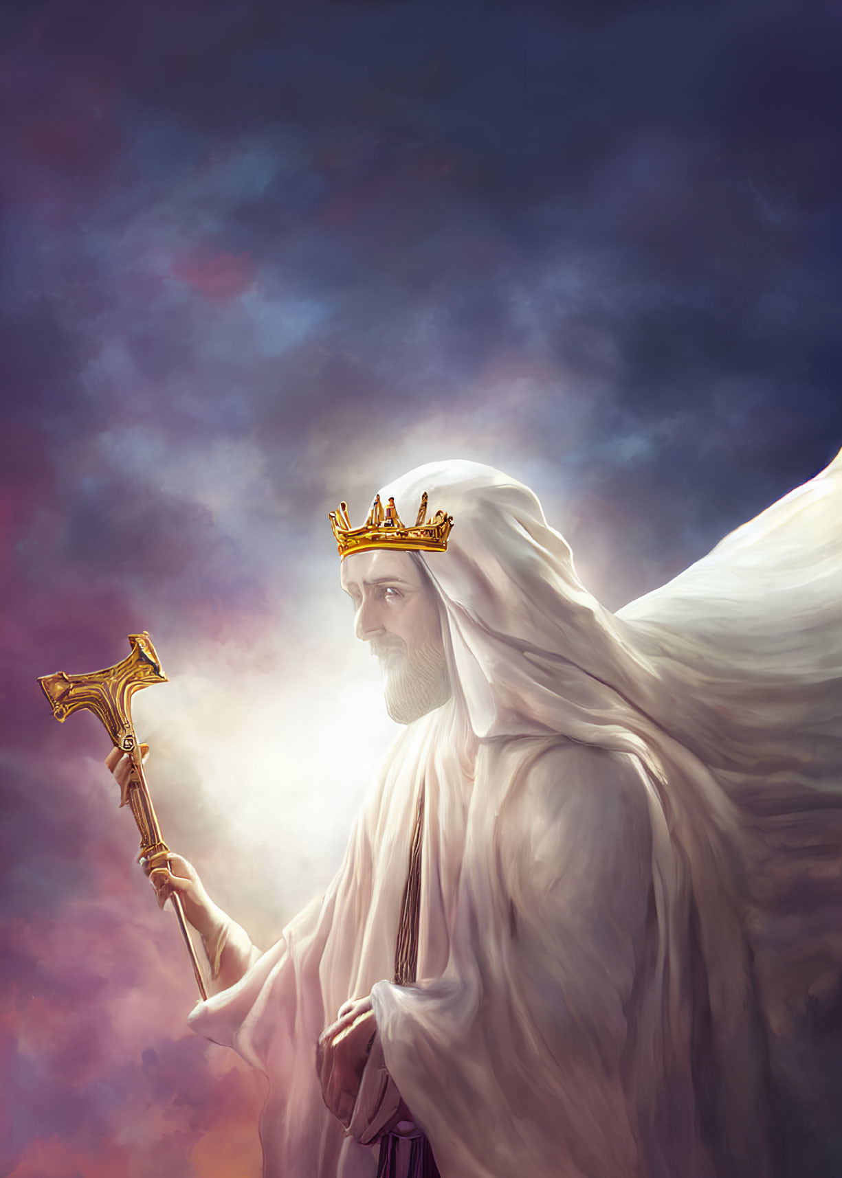 Majestic figure with beard and crown holding scepter in white robes against dramatic sky