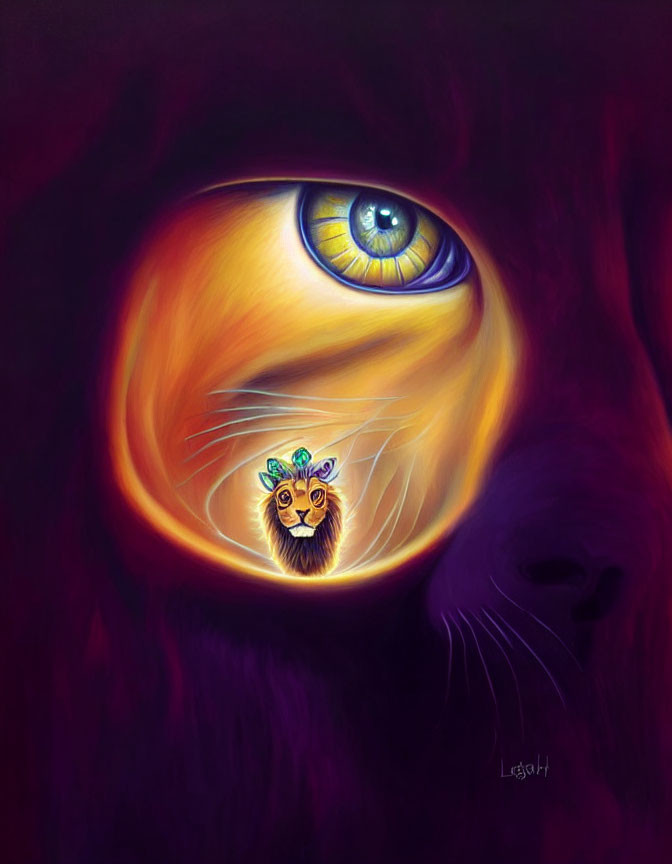 Surreal painting of feline eye with lion's face on purple-red background