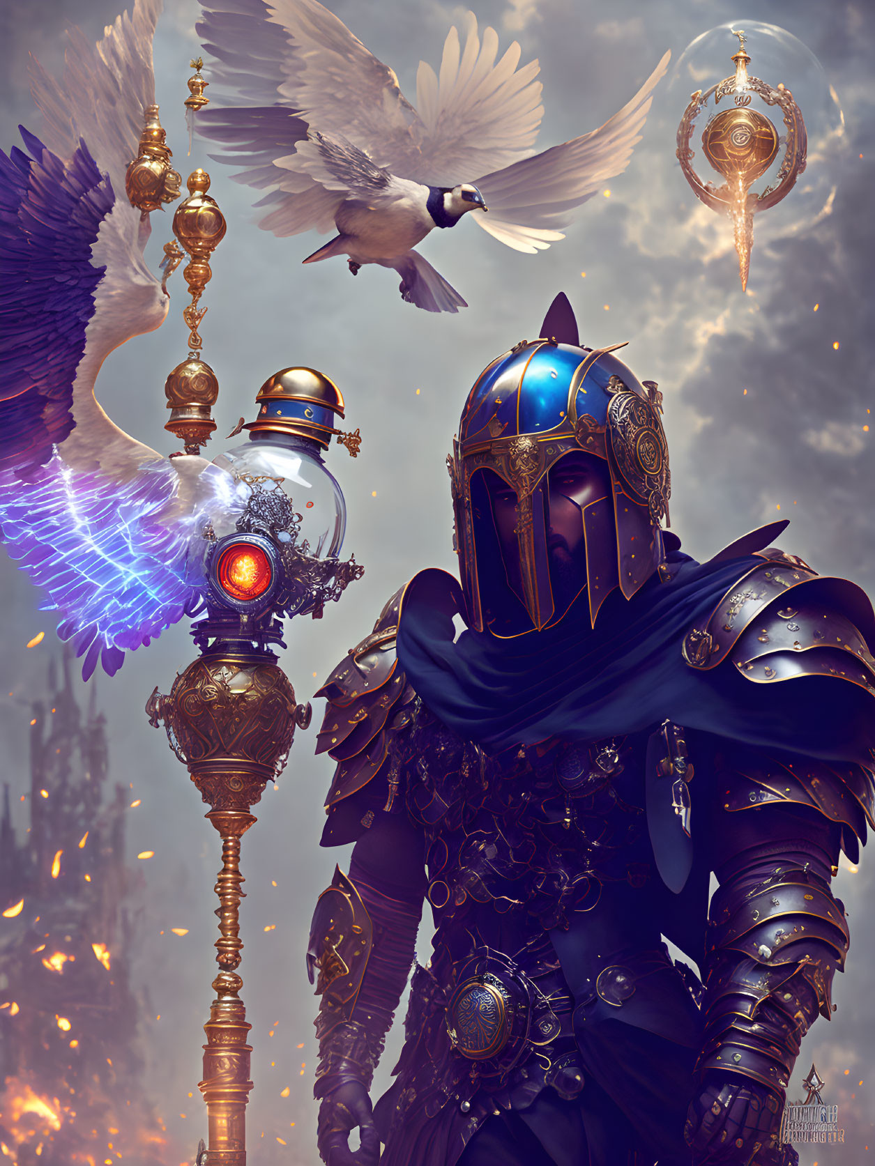 Ornate armor knight surrounded by magical artifacts and flying dove