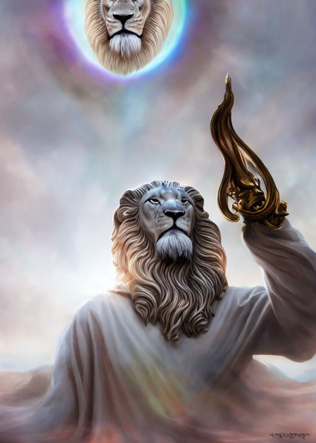 Majestic lion with flowing mane holding golden object under surreal sky