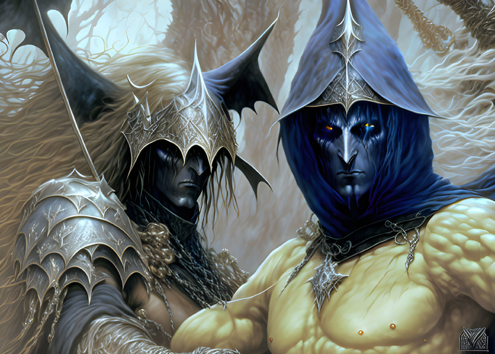 Fantasy artwork featuring figures in horned helmets and intricate armor.