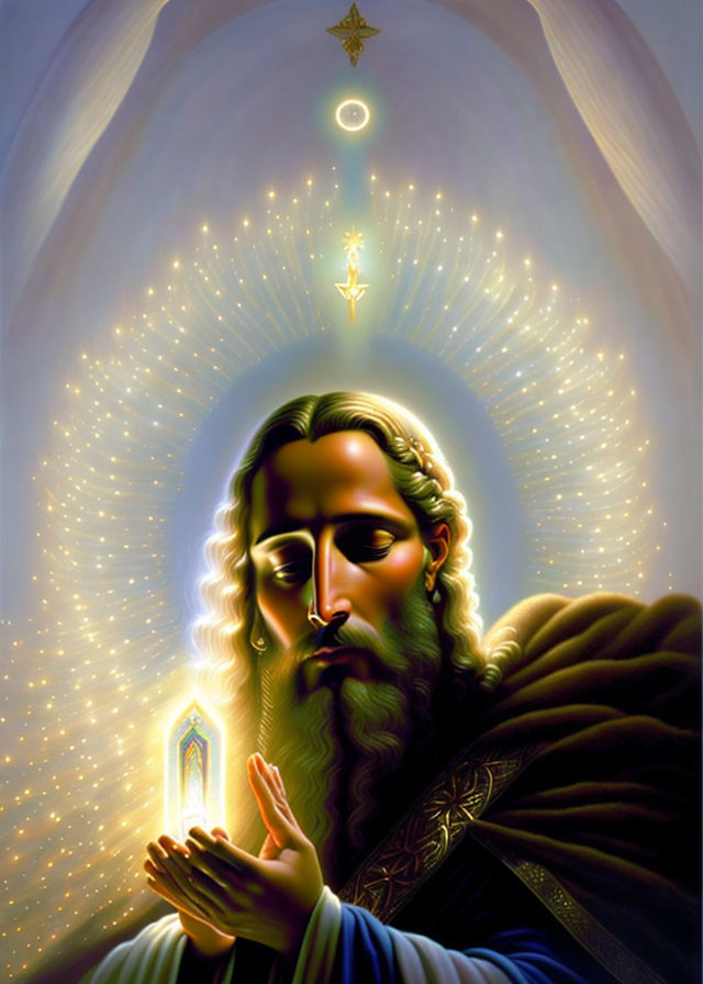 Bearded figure with halo and praying hands in radiant light