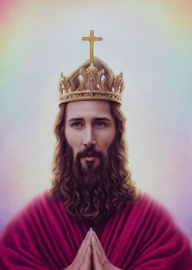 Man with Long Hair and Beard in Gold Crown and Red Robe Praying on Multicolored Background