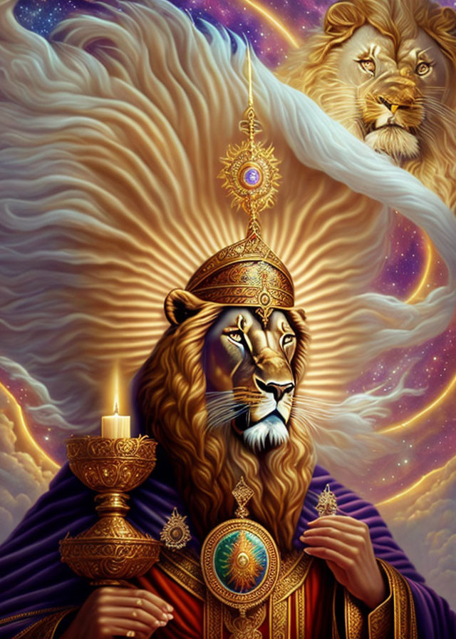 Lion with human body in royal attire holding a candle on celestial background