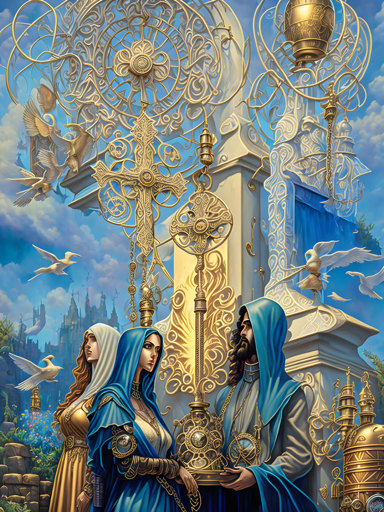 Fantasy art featuring robed male and female figures with golden mechanism and castle backdrop