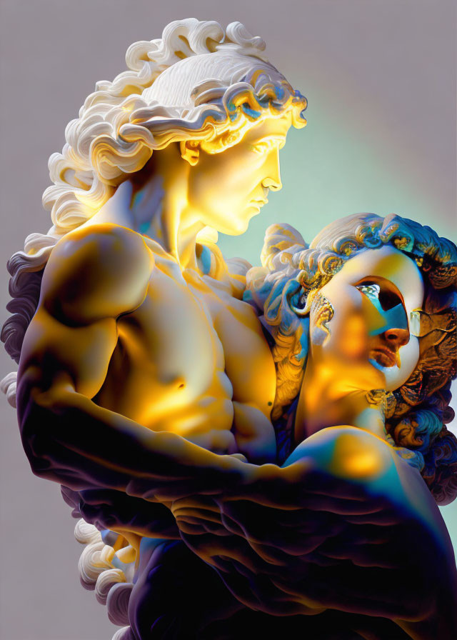 Dynamic Lighting Enhances Embracing Man and Woman Sculpture