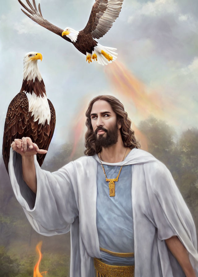 Man with Long Hair and Beard in Robe, Eagle Landing on Hand, Fiery Background