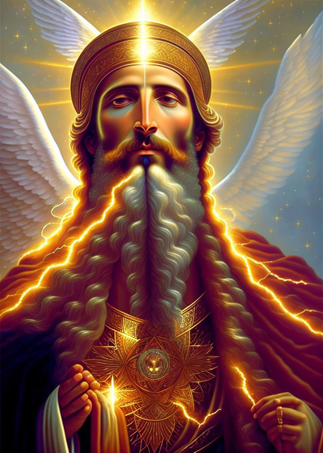 Illustrated bearded figure in golden robes with halo and wings on starry background