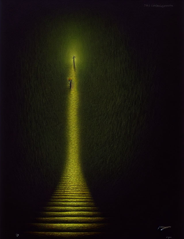 Solitary figure in greenish light at path's end in dark surroundings