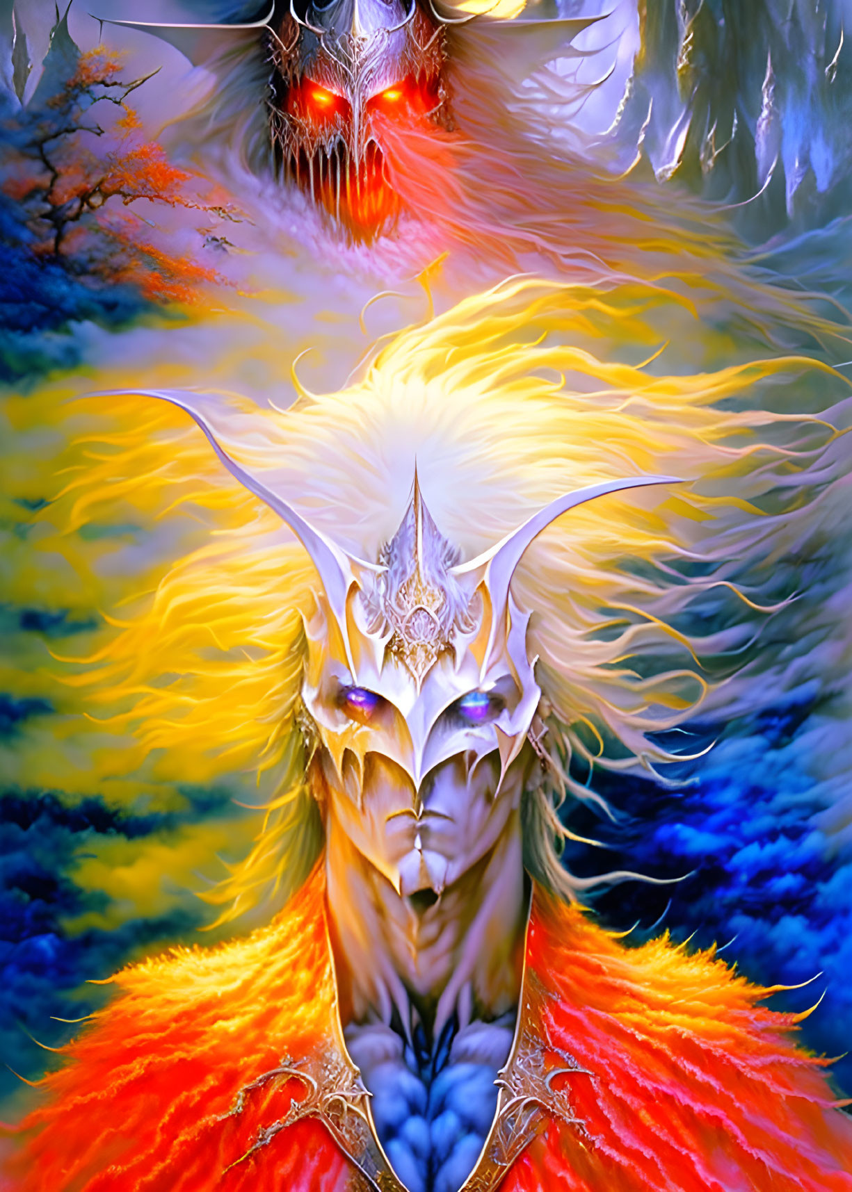 Colorful fantasy artwork: character with fiery plumage and silver armor in mystical backdrop