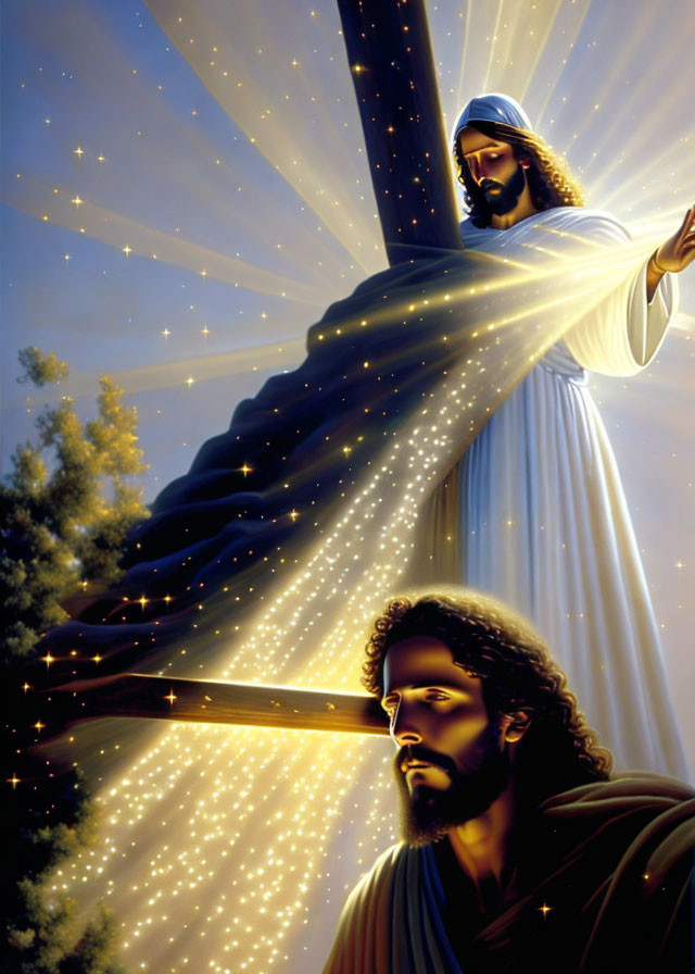 Radiant figure with halo and glowing light beside kneeling bearded person