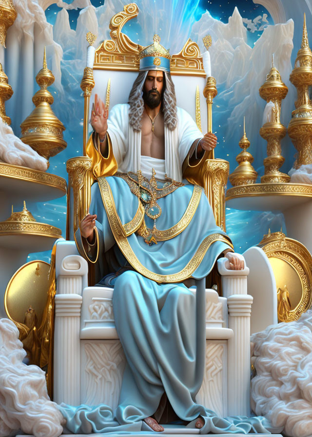 Regal figure with crown on gold throne in blue robes among clouds