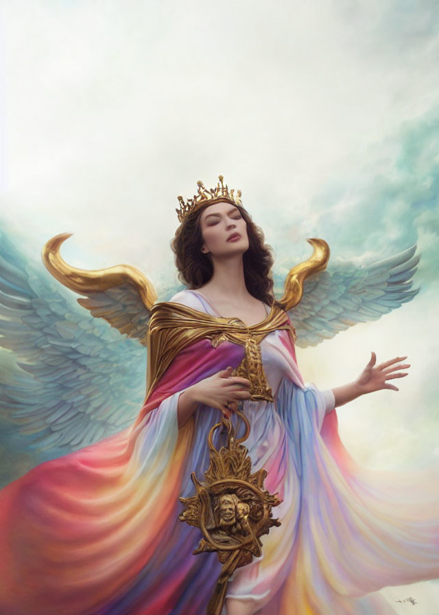 Angel with wings, crown, colorful robes, and medallion against cloudy sky