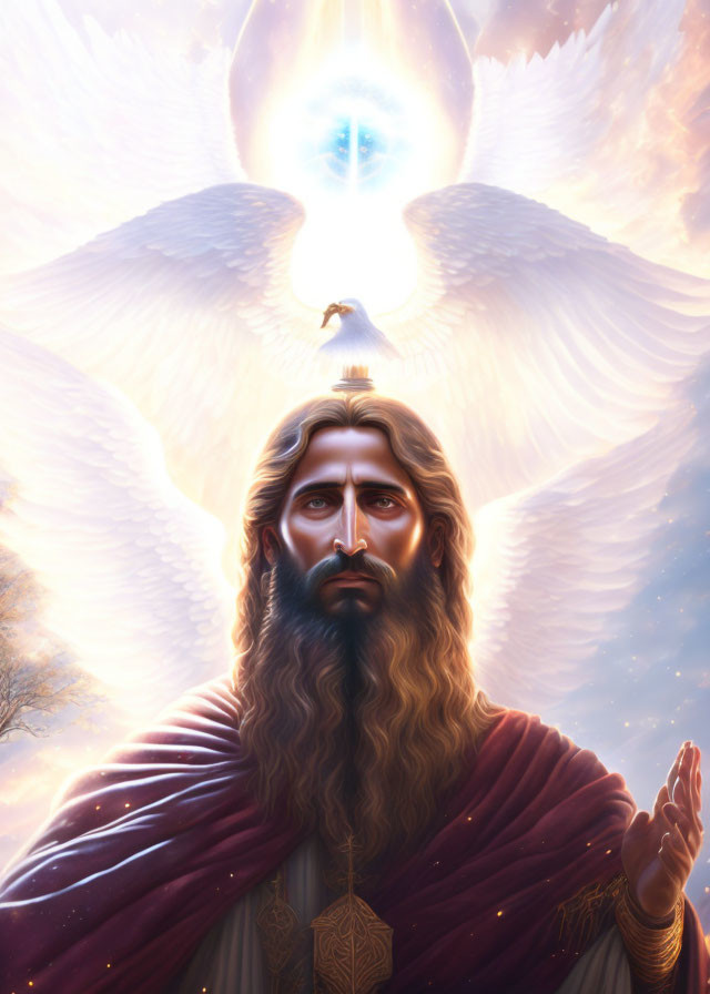 Bearded man in red robes gazes at radiant dove in sky