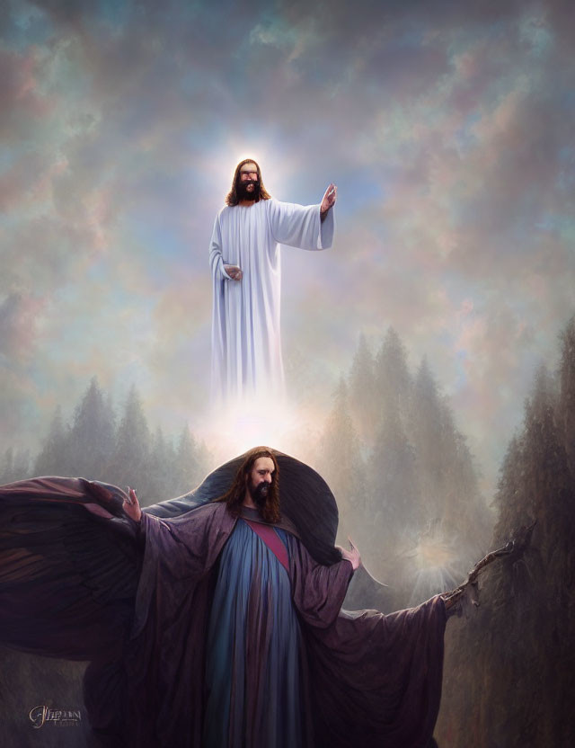 Digital artwork of Jesus-like figure with outstretched arms above another figure in misty woods.