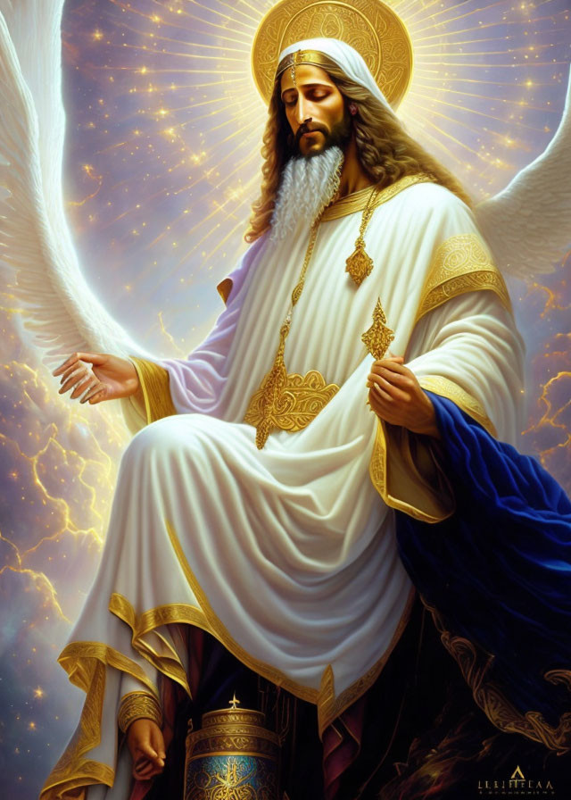 Regal bearded figure with halo and wings in stormy scene