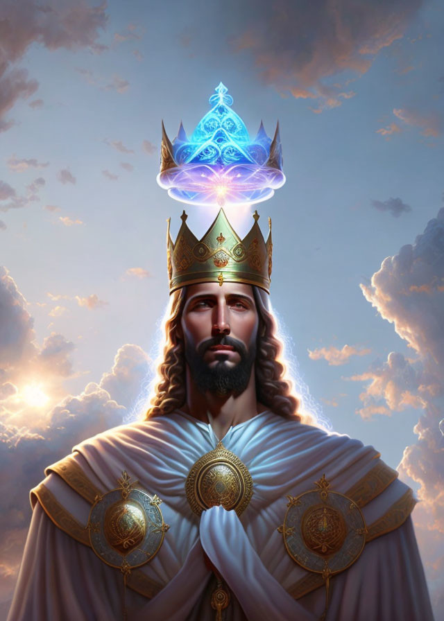 Regal figure with crown and luminous blue triangular emblem