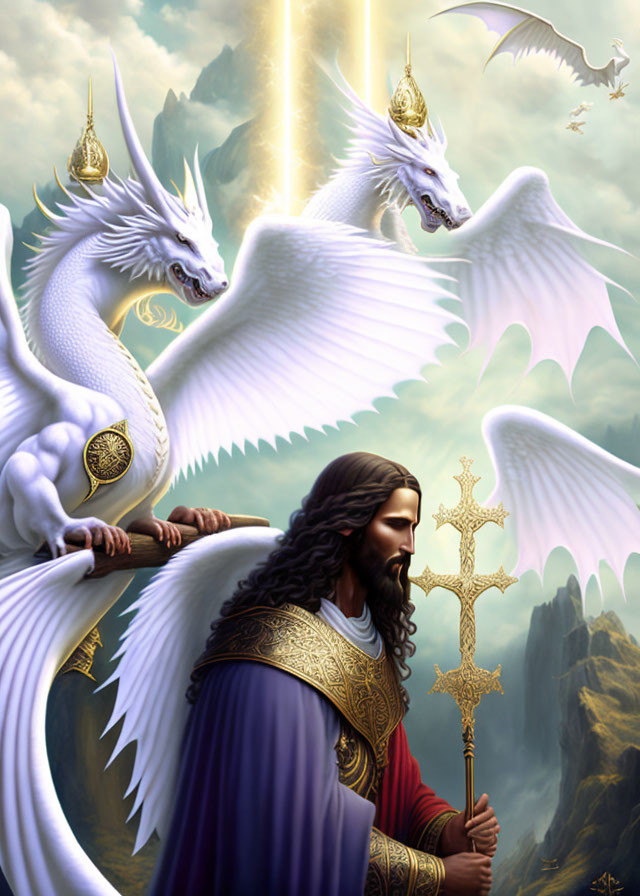 Regal figure with staff and two white dragons in fantasy landscape