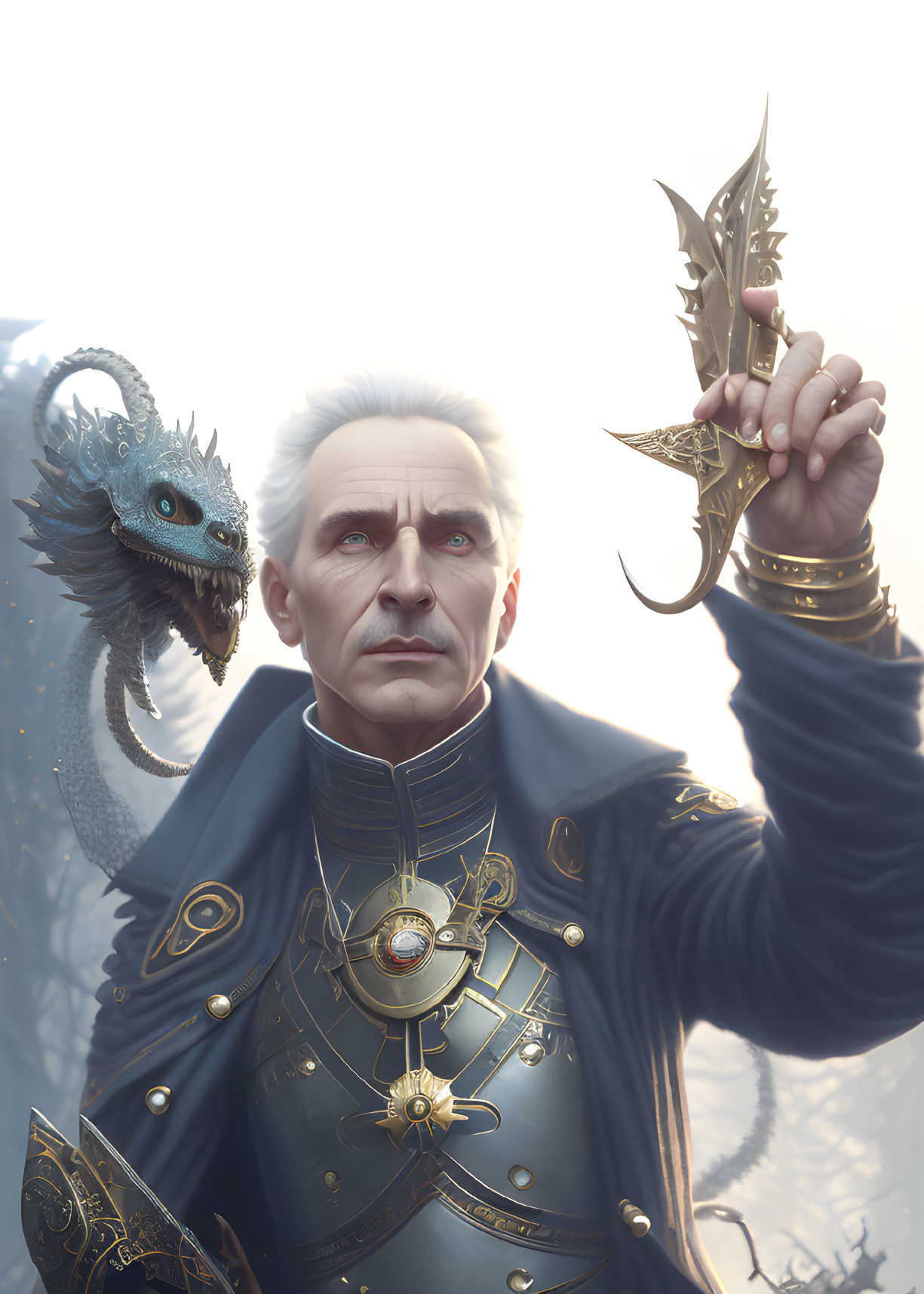 Elder man with white hair holding a knife, blue dragon on shoulder