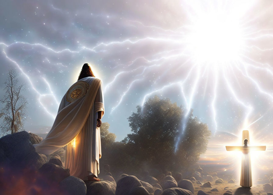 Cloaked figure gazes at glowing cross in celestial landscape