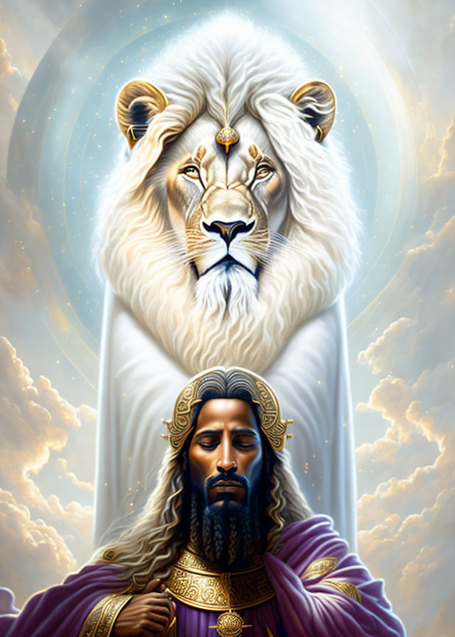 Regal man in purple robe with lion's head under celestial light