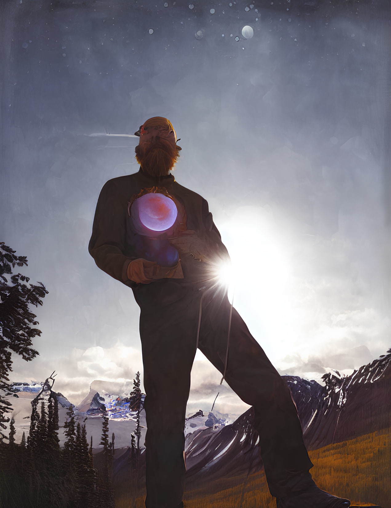 Bearded man holding cosmic orb with mountain landscape and sun