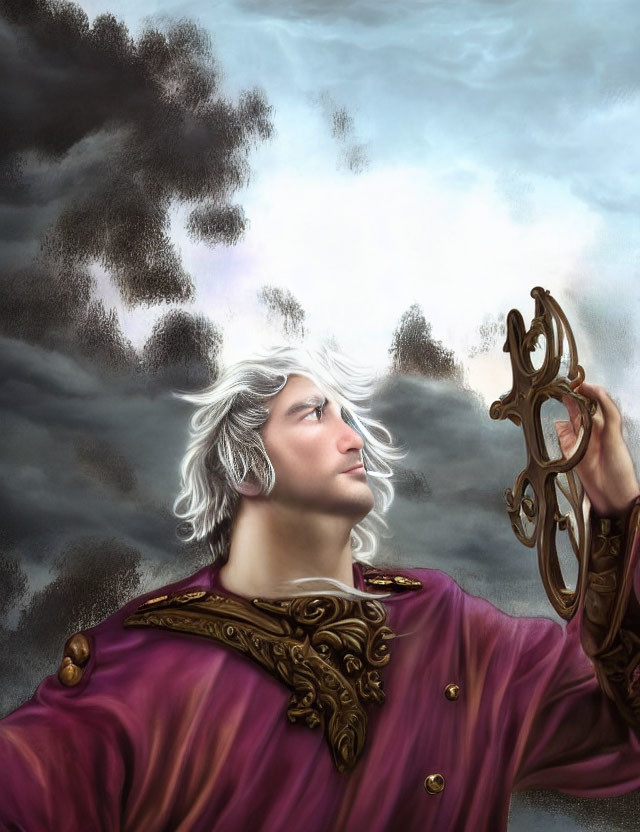 White-haired man in purple cloak holding ornate mask under dark clouds