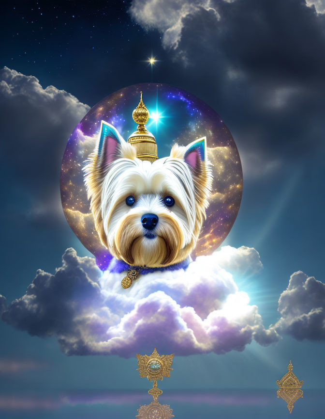 Celestial background with small dog and glowing temple